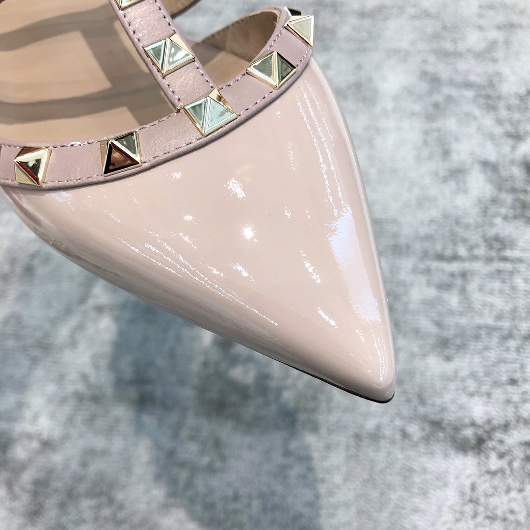 Valentino VT Collection Three Strap Flat Heel Slipper Patent Leather Nude Pink