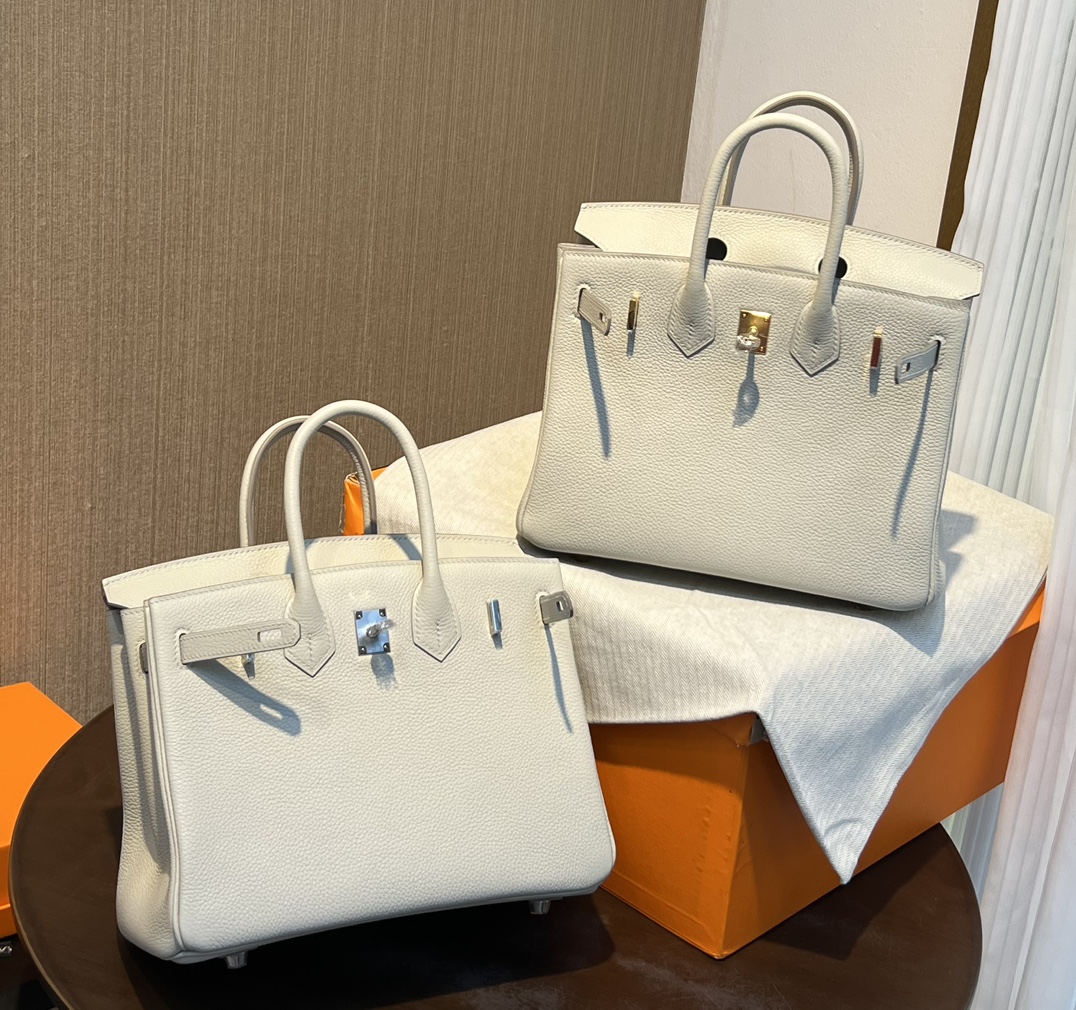 Birkin 25cm original imported Togo calfskin glacier white gold and silver buckle all handmade beeswax thread stitching