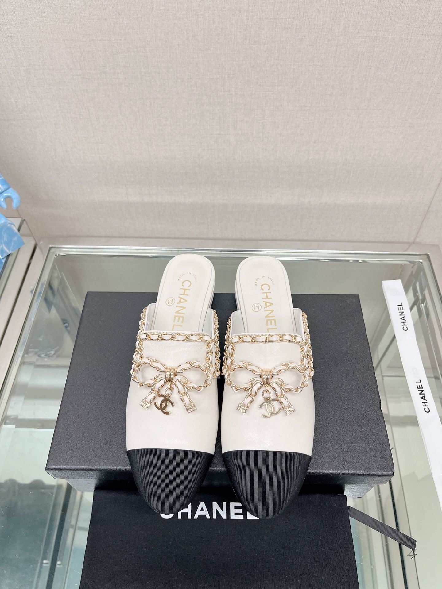 CHANEL 23Ss new chain bow half dragging mule shoes imported lambskin