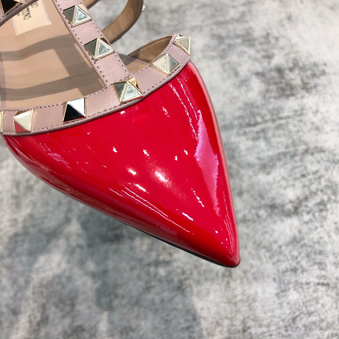 Valentino VT Collection Three Strap Flat Heel Slipper Patent Leather Red