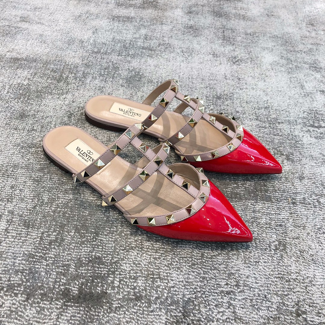Valentino VT Collection Three Strap Flat Heel Slipper Patent Leather Red
