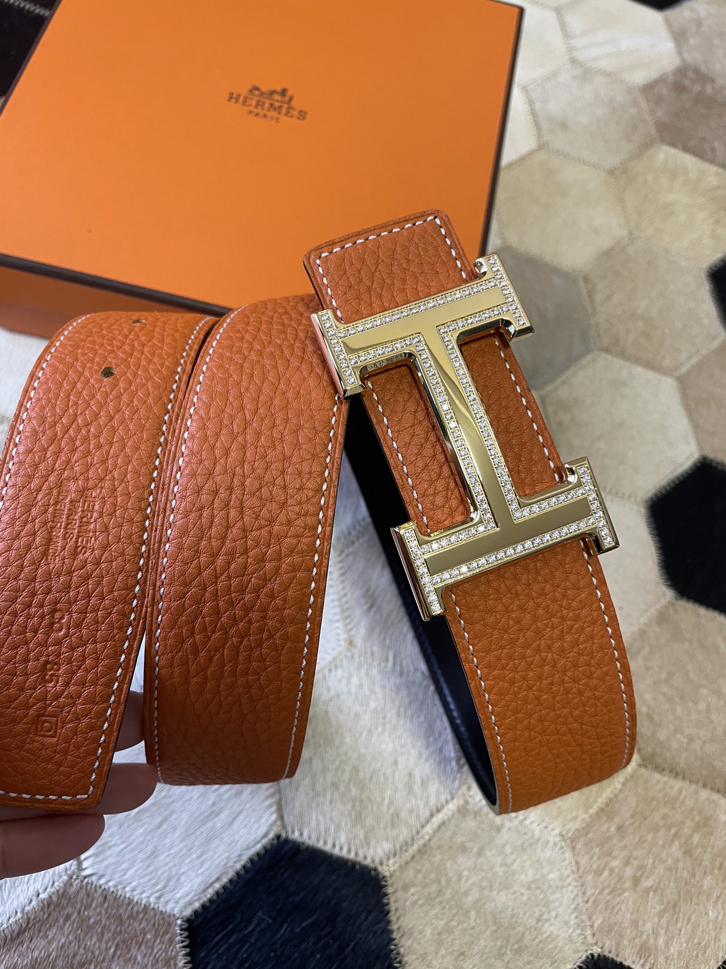 Hermes stainless steel double row diamond hanging buckle