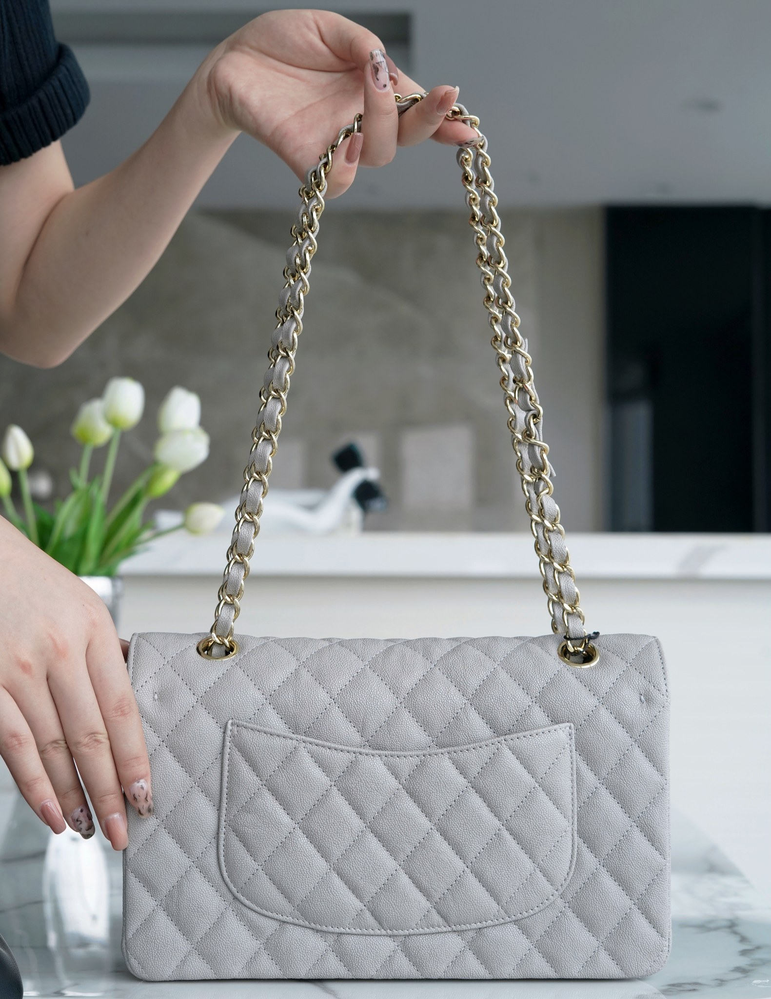 𝐂𝐇𝐀𝐍𝐄𝐋 Classic Flap France 🇫🇷 𝐇𝐇 𝐚𝐚𝐬 Original Caviar 🐂 Washed Tire Ox Medium 🐘 Dark Grey