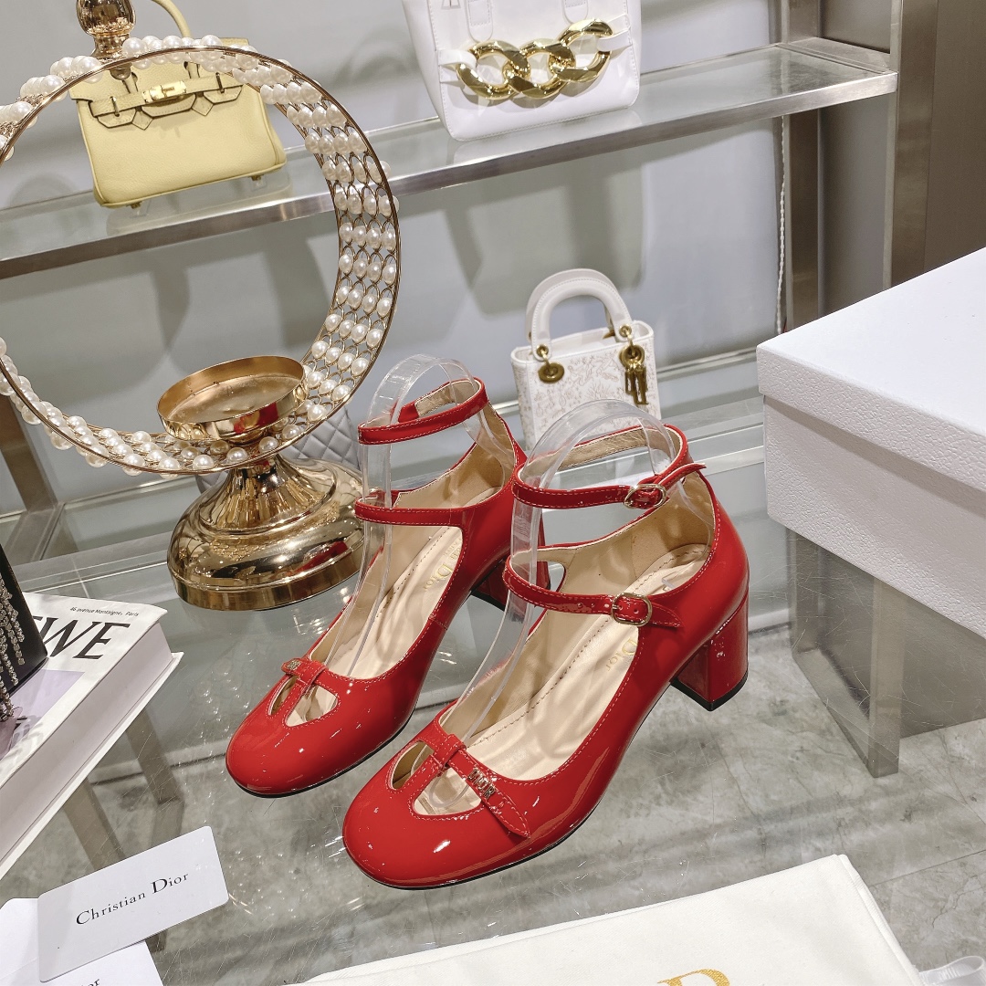 DIOR Retro Fashion Cutout Double Buckle Chunky Heel Mary Janes 6.5cm Big Red