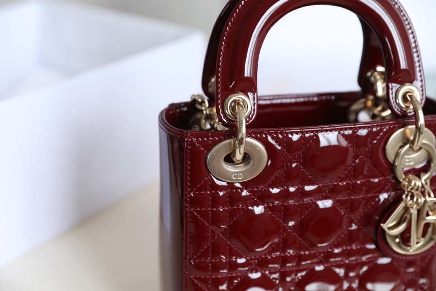 Wine Red  Lady Dior vine check patent leather cow leather mini handbag