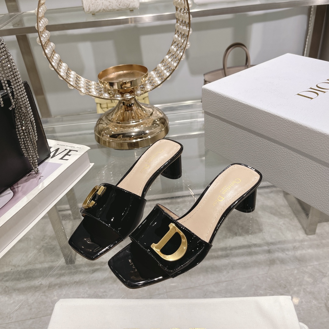DIOR 2023 New early spring sandals Imported cow patent leather ➕ Korean suede Sheepskin lining 4.5cm Black