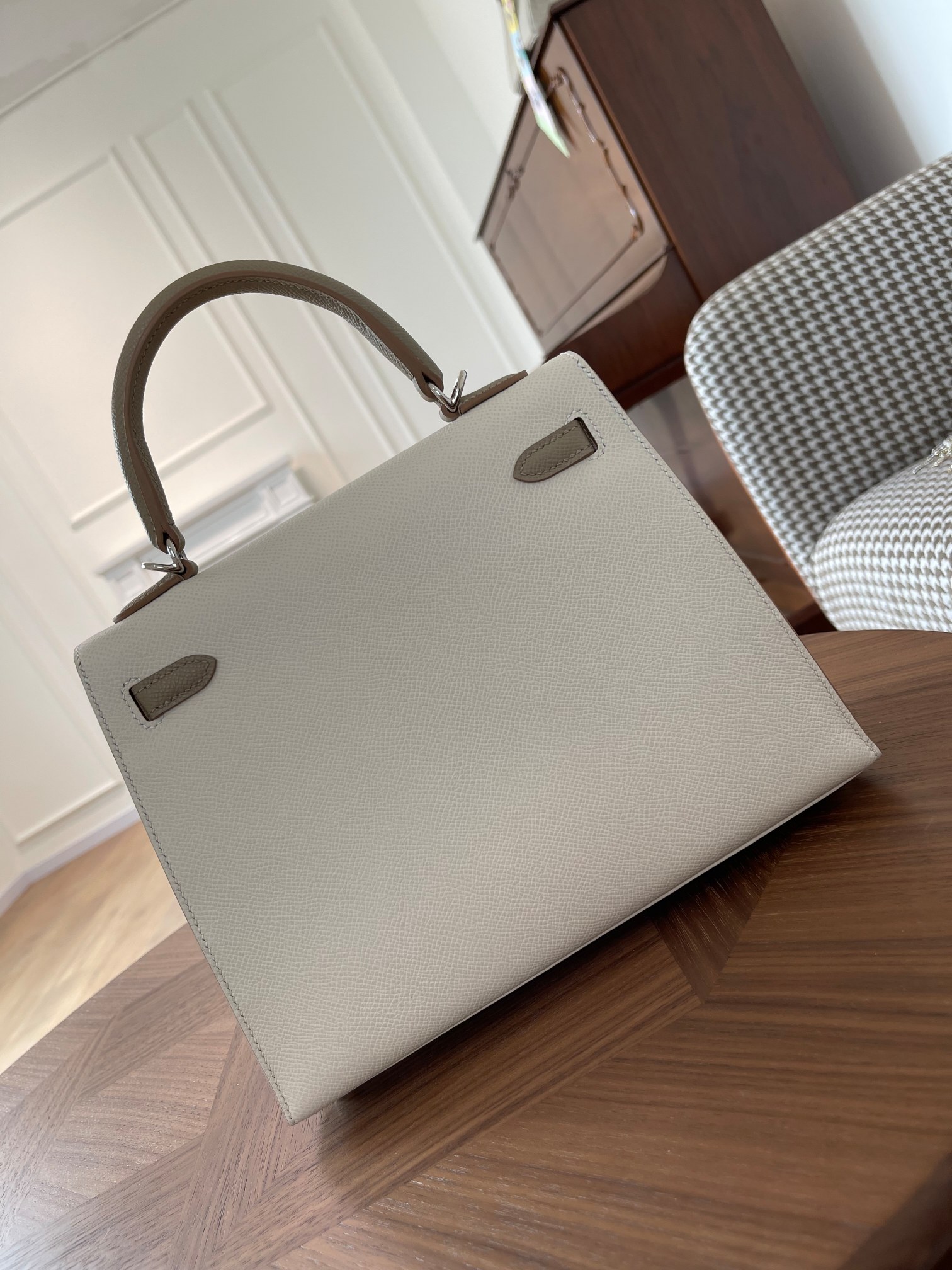 Kelly25 milkshake white dove gray epsom leather silver buckle