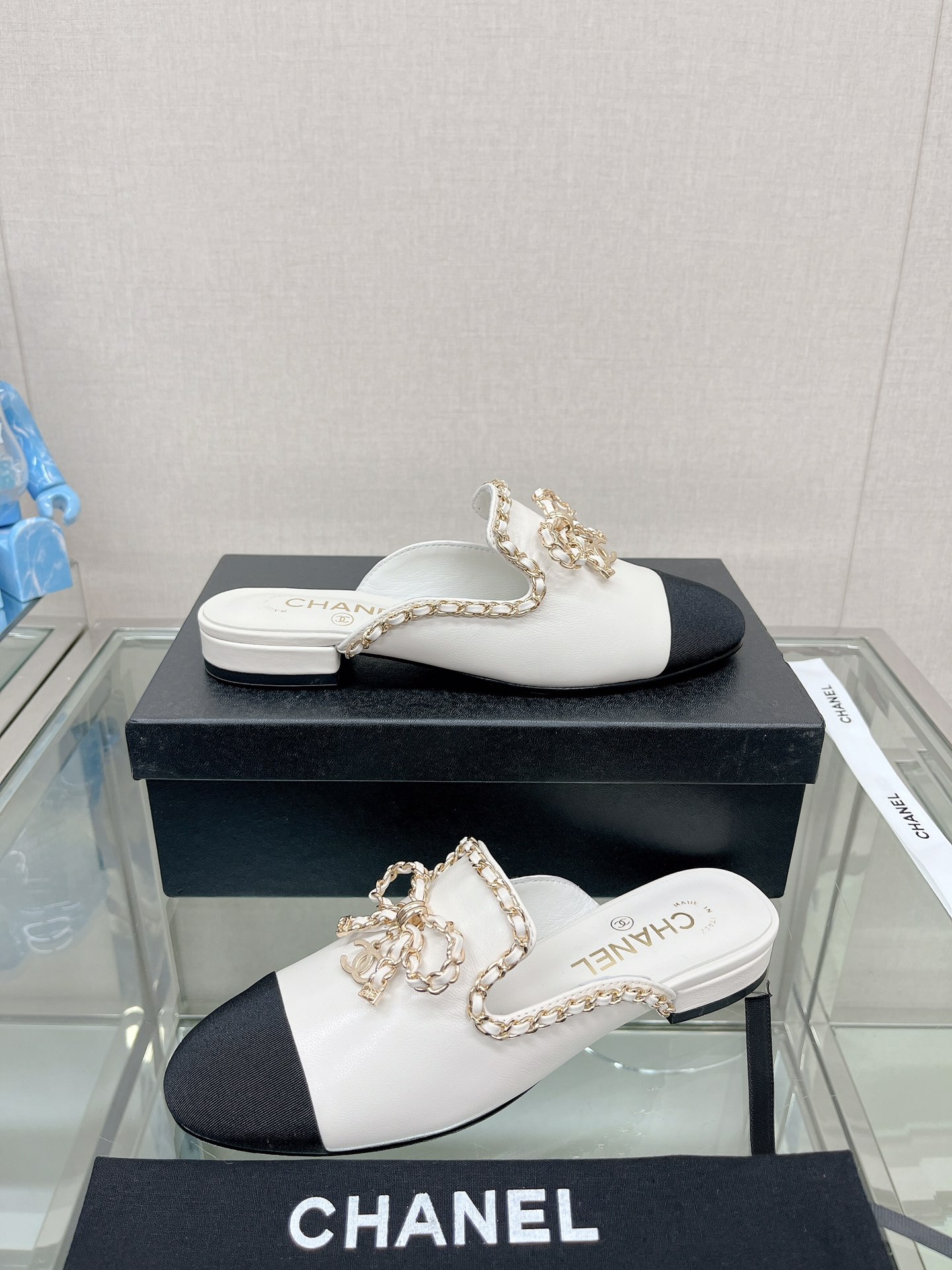 CHANEL 23Ss new chain bow half dragging mule shoes imported lambskin