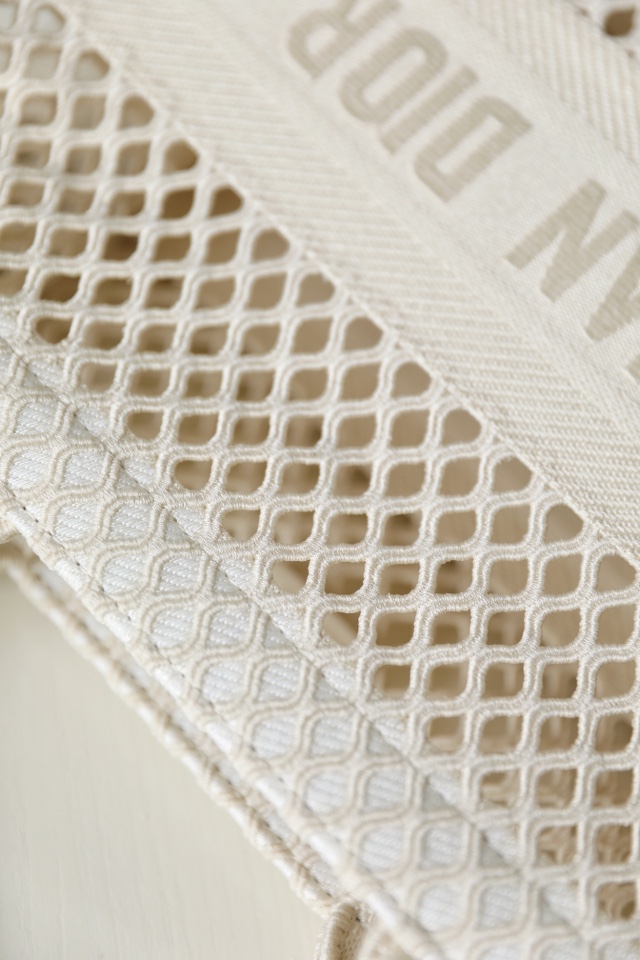 DIOR TOTE beige and white mesh fabric embroidery
