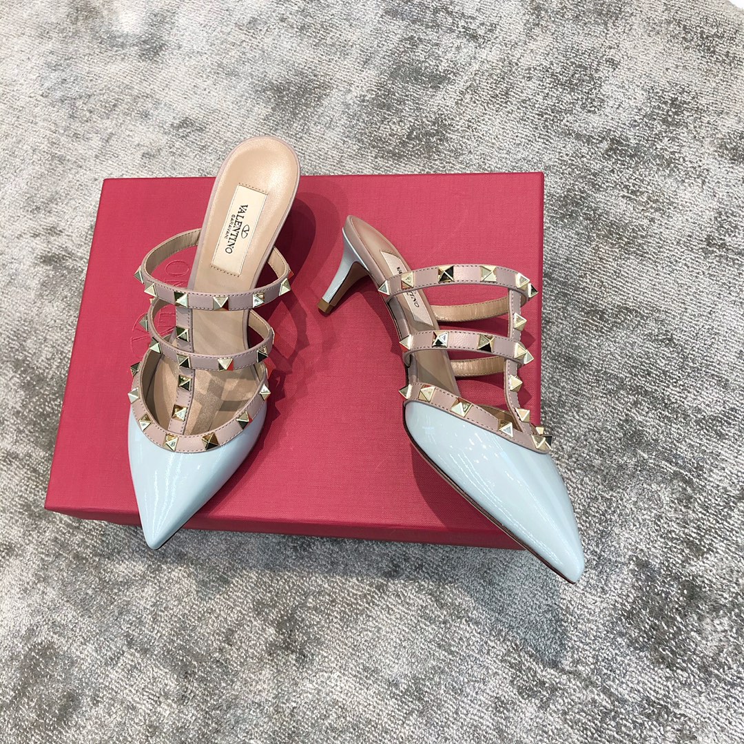 Valentino VT Collection Three Strap Low Heel Slipper 6.5CM Patent Leather Blue