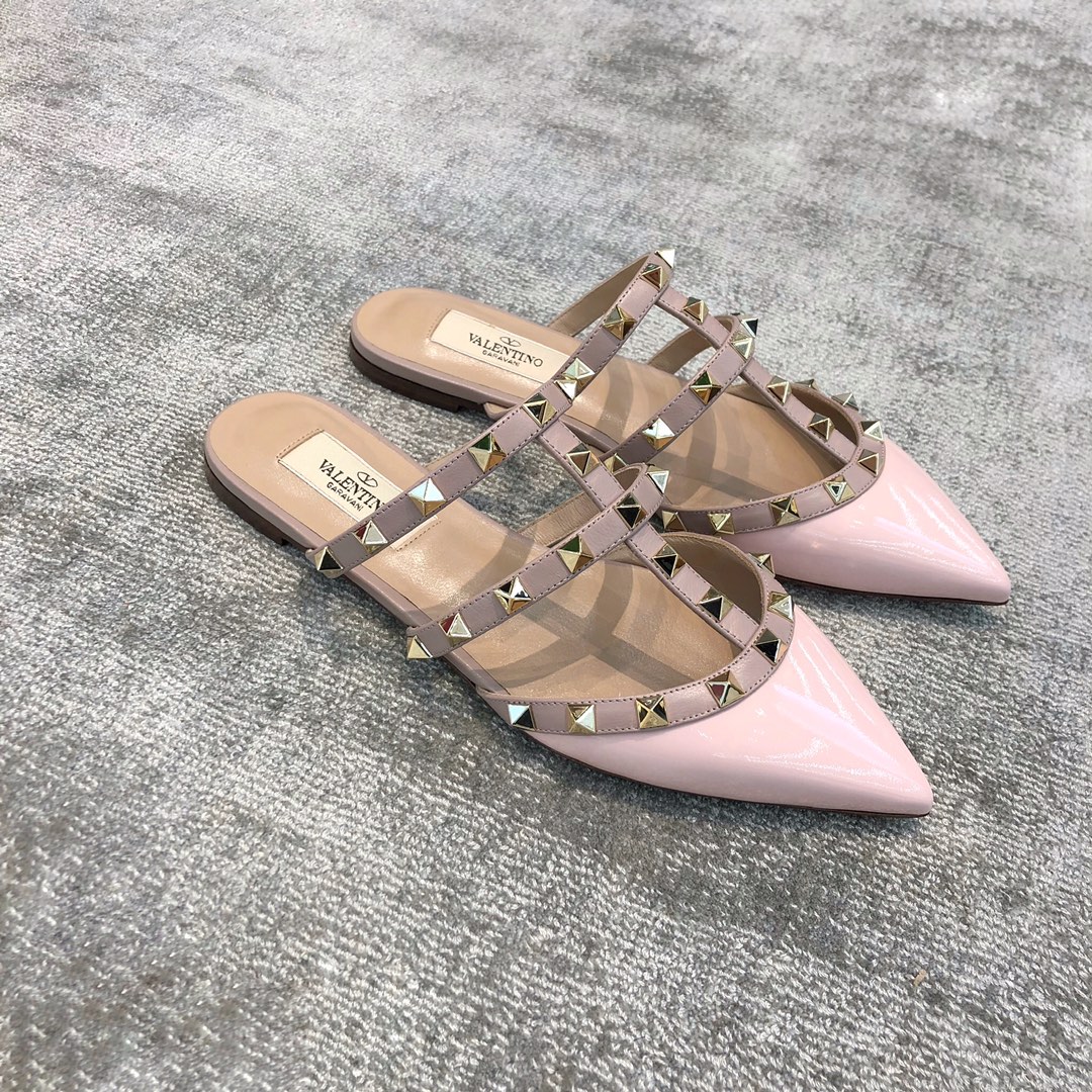 Valentino VT Collection Three Strap Flat Heel Slipper Patent Leather Pink