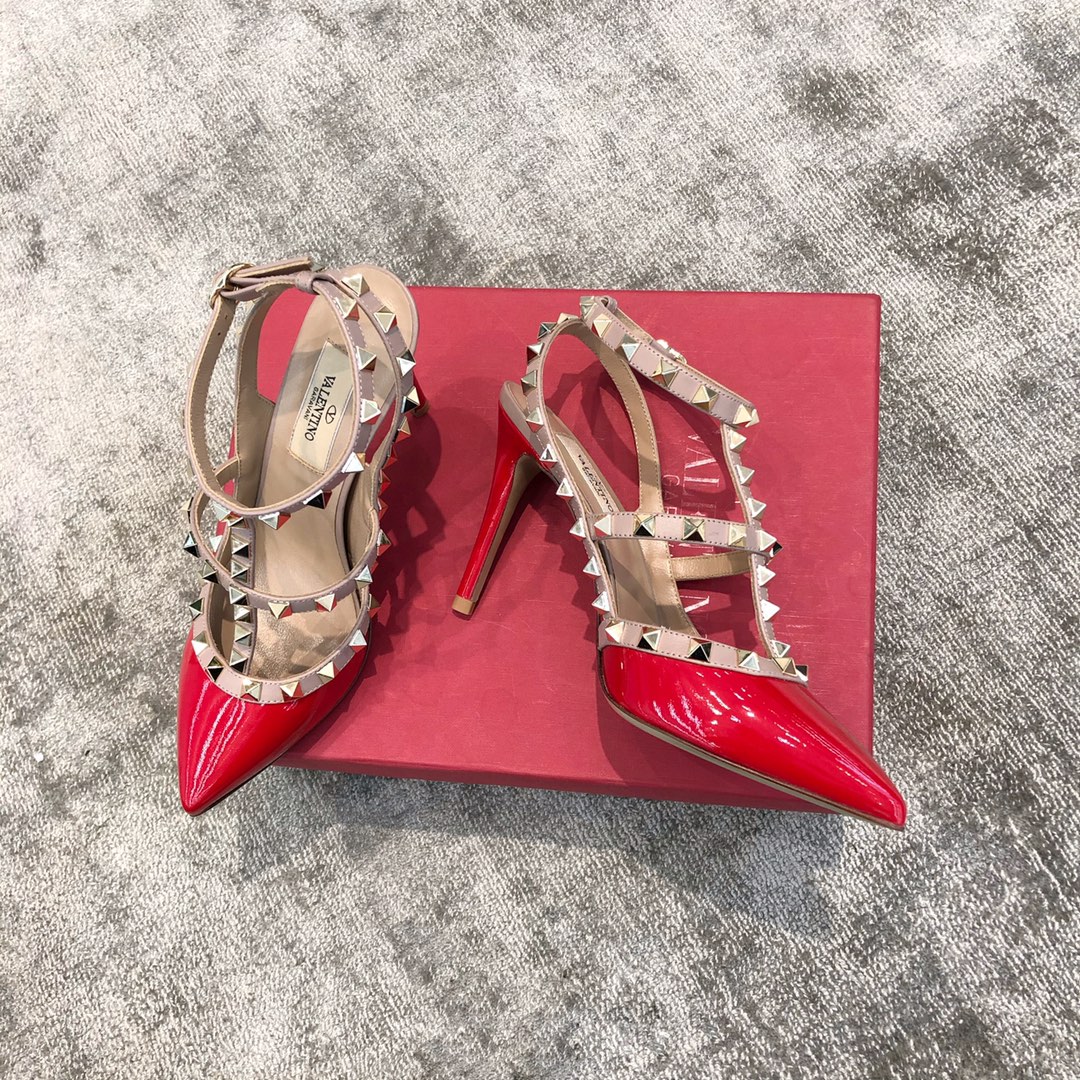 Valentino VT Collection Two Strap Mid Heel 10cm Patent Leather Red