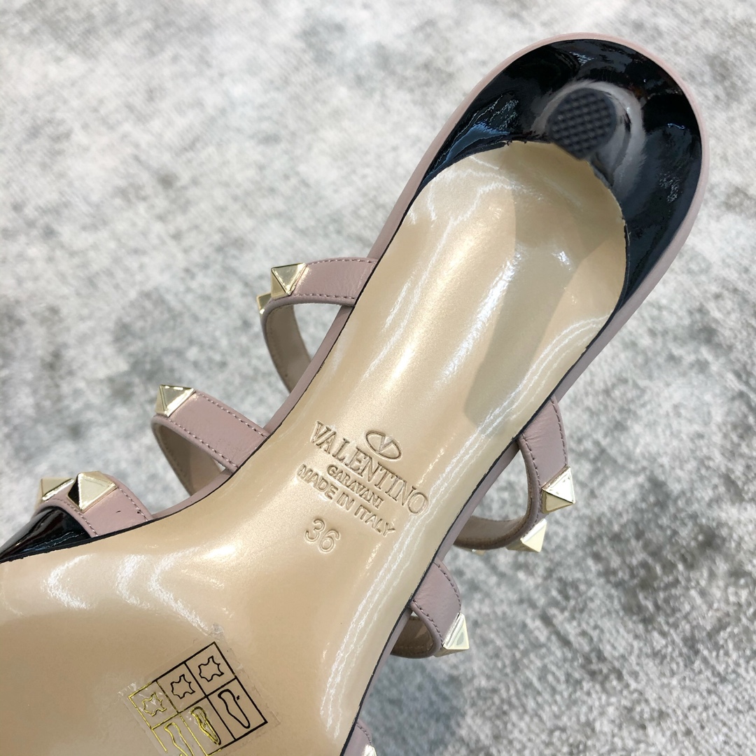 Valentino VT Collection Triple Strap Mid Heel Slipper 6.5CM Patent Leather Black