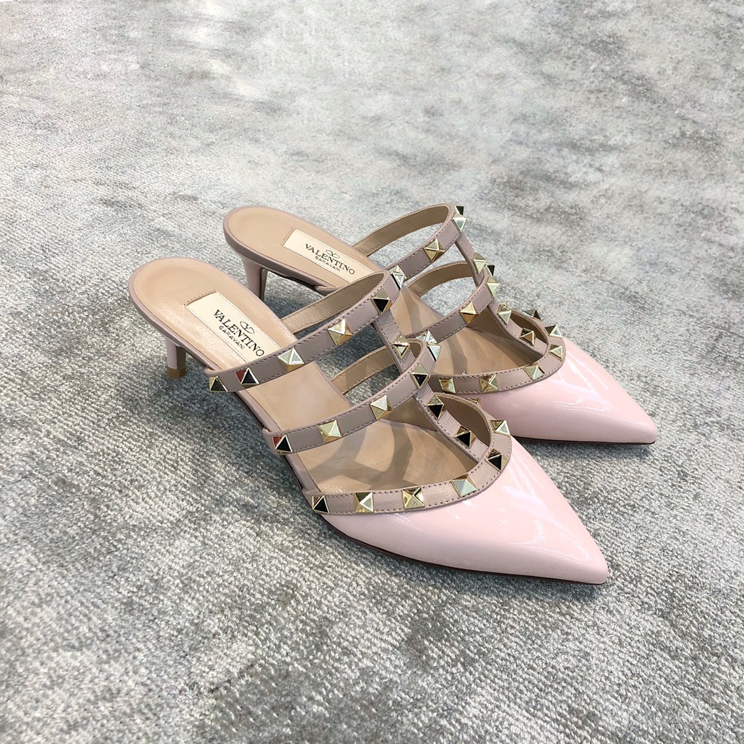 Valentino VT Collection Triple Strap Mid Heel Slipper 6.5CM Patent Leather Pink