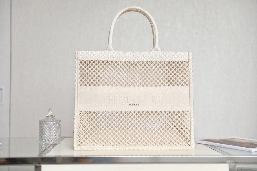 DIOR TOTE beige and white mesh fabric embroidery