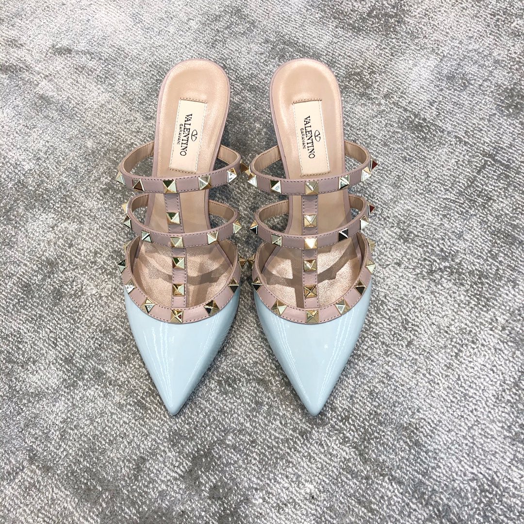 Valentino VT Collection Three Strap Low Heel Slipper 6.5CM Patent Leather Blue