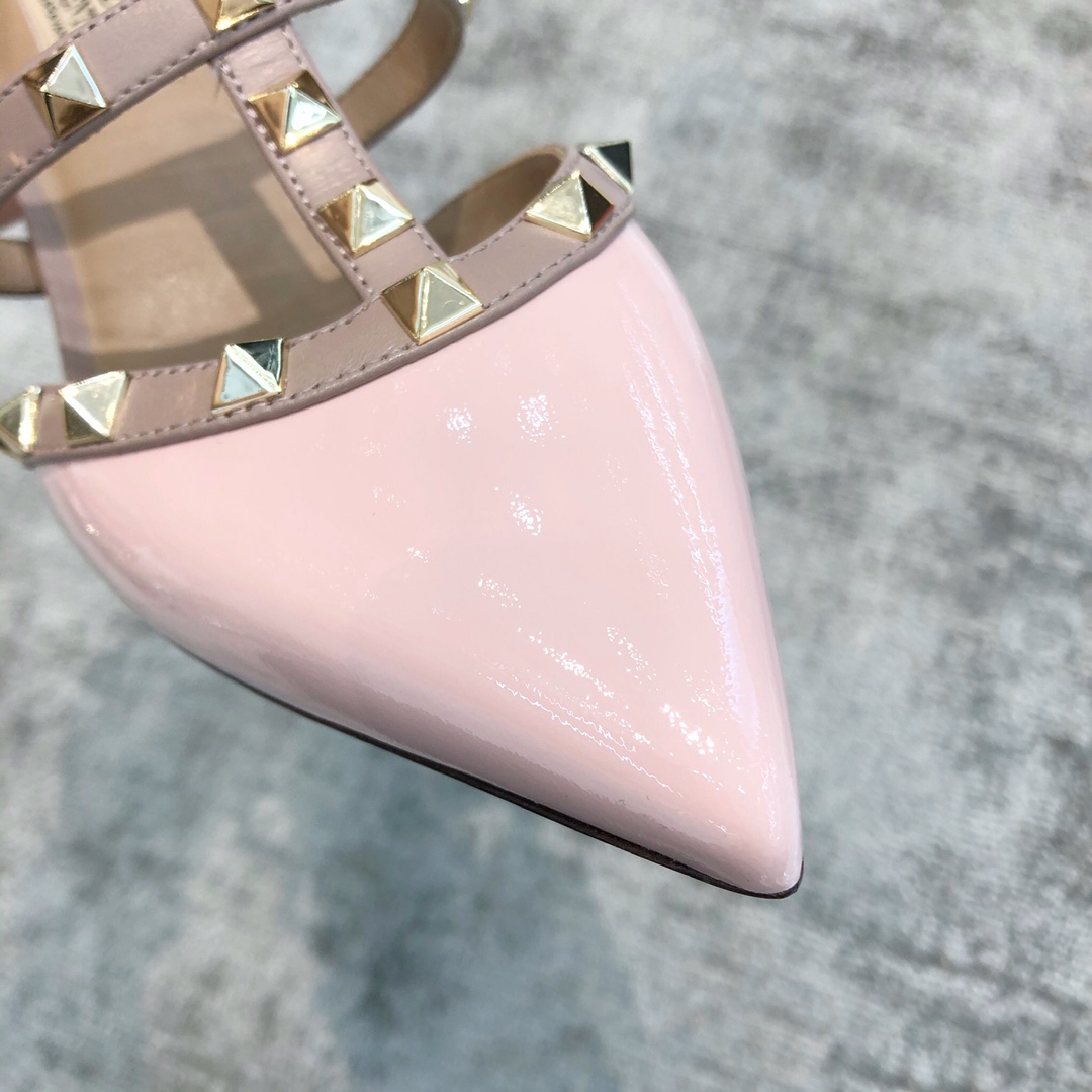 Valentino VT Collection Triple Strap Mid Heel Slipper 6.5CM Patent Leather Pink