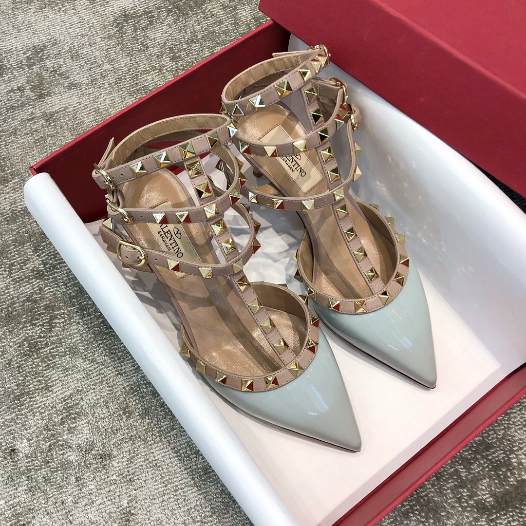 Valentino VT Collection Triple Strap Mid Heel 6.5cm Patent Leather Blue