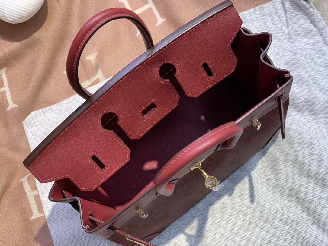 birkin30/25 burgundy imported fetal cow hair spelling swift all handmade gold buckle