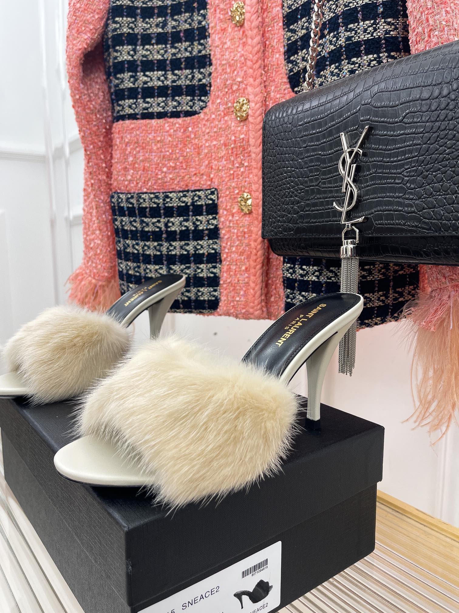 𝙎𝙖𝙞𝙣𝙩 𝙇𝙖𝙪𝙧𝙚𝙣𝙩 | 𝟐𝟎𝟐𝟐/𝐒𝐒 𝐧𝐞𝐰 YSL｜23ss early spring mink fur one high heel slippers