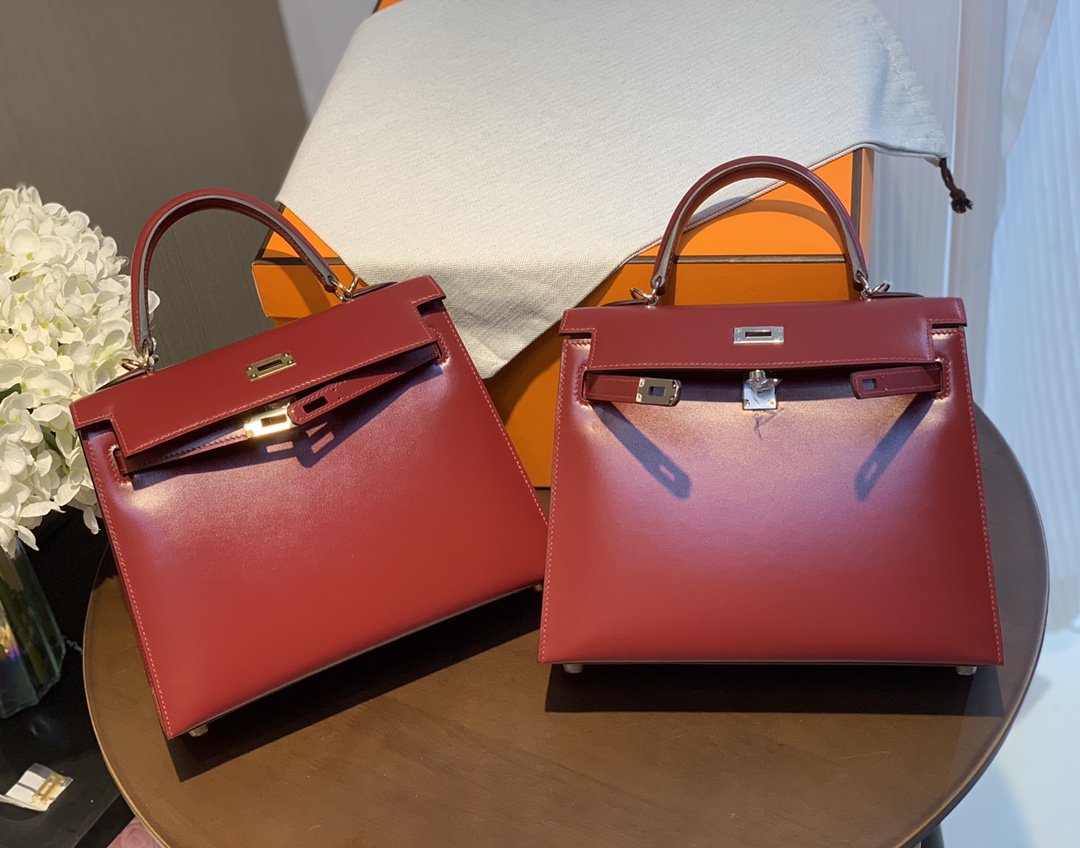 Kelly25 imported box leather Hermes red full handmade silver buckle