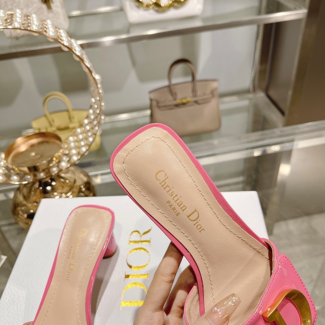 DIOR 2023 New early spring sandals Imported cow patent leather ➕ Korean suede Sheepskin lining 4.5cm Rose