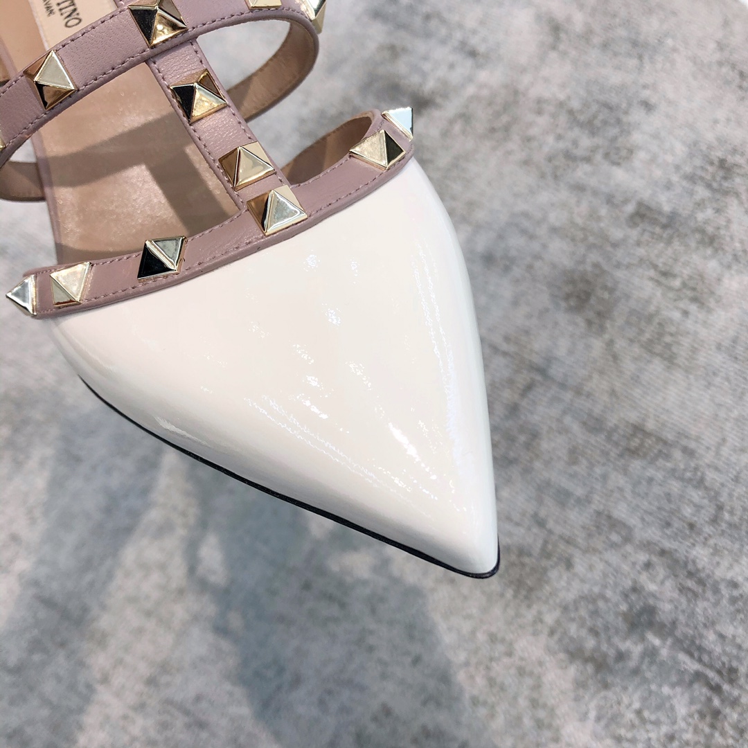 Valentino VT Collection Triple Strap Mid Heel Slipper 6.5CM Patent Leather White