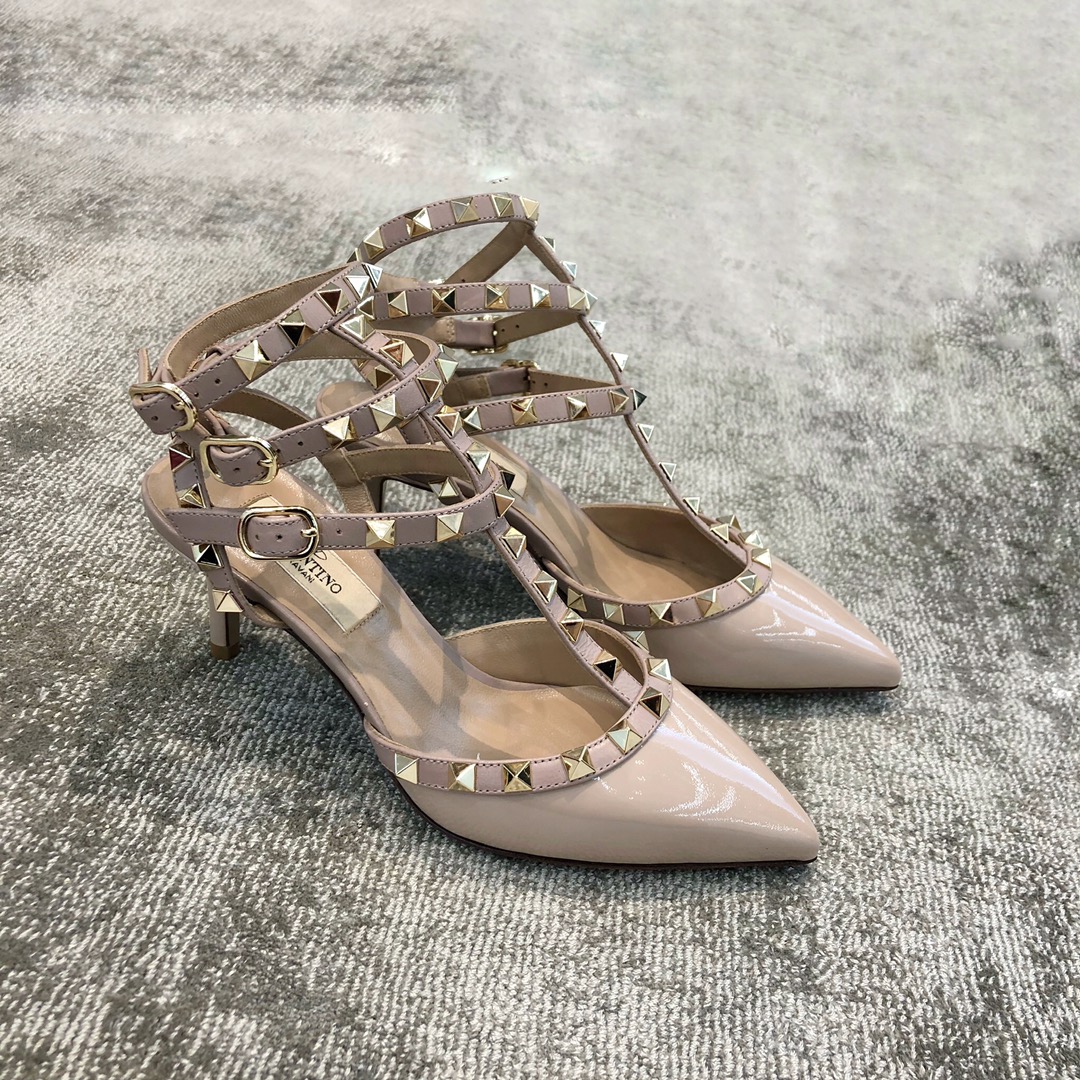 Valentino VT Collection Triple Strap Mid Heel 6.5cm Patent Leather Nude Pink