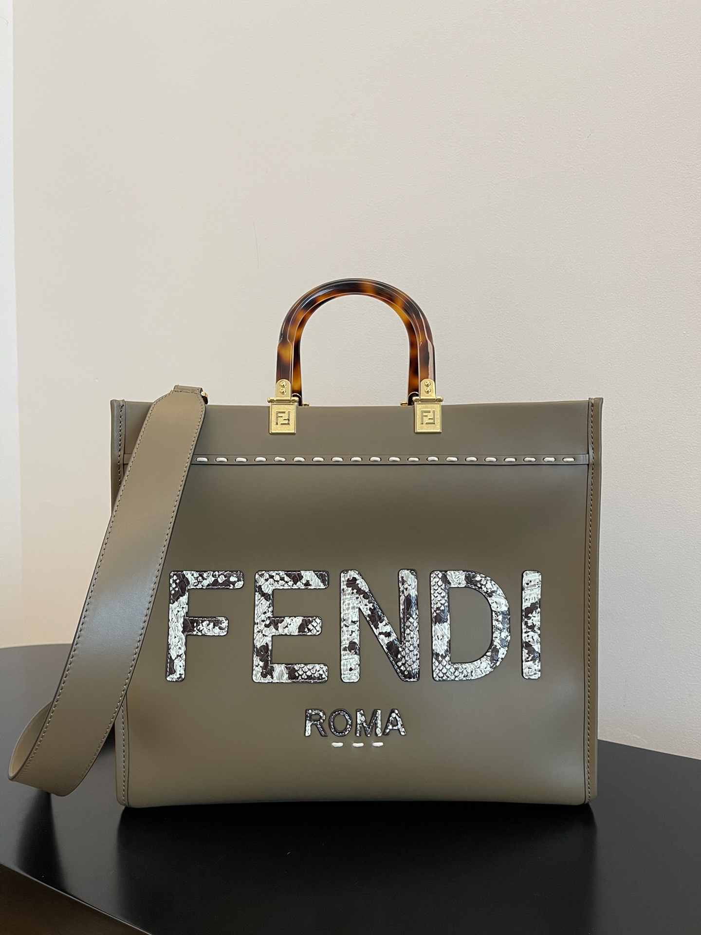 FENDI Medium Snakeskin Logo Tote 