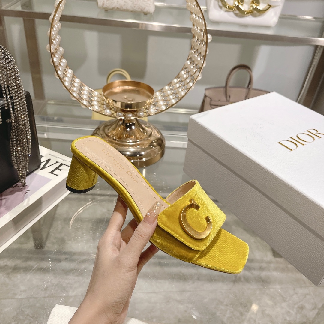 DIOR 2023 New early spring sandals Imported cow patent leather ➕ Korean velvet Sheepskin lining 4.5cm Yellow