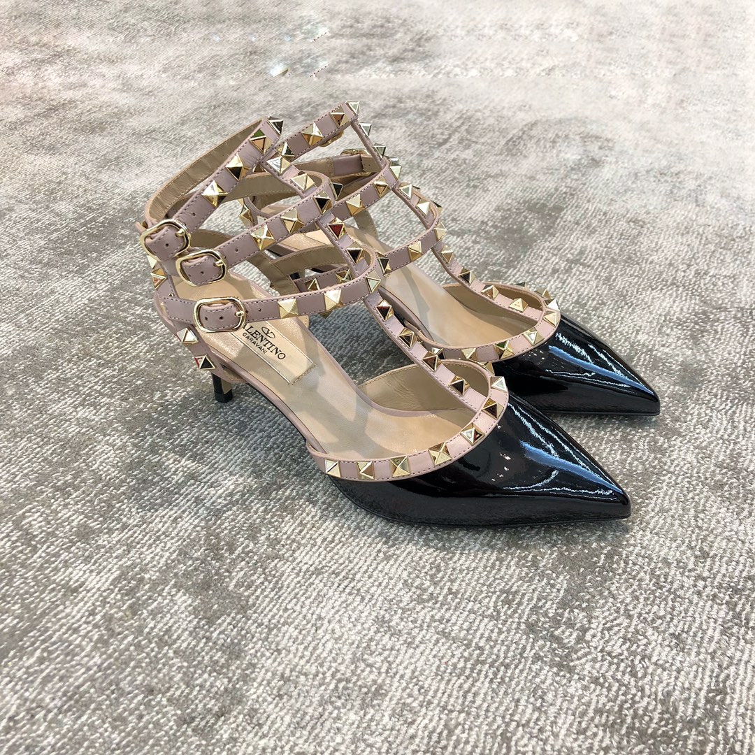 Valentino VT Collection Triple Strap Mid Heel 6.5cm Patent Leather Black