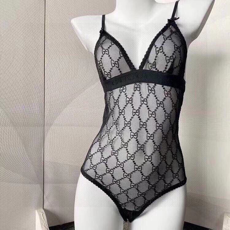 Gucci Letter Embroidered Mesh Camisole Semi-Sheer Sexy Swimsuit