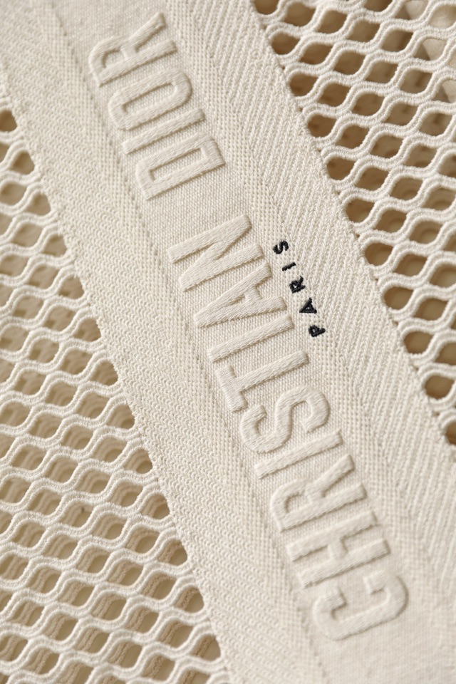 DIOR TOTE beige and white mesh fabric embroidery