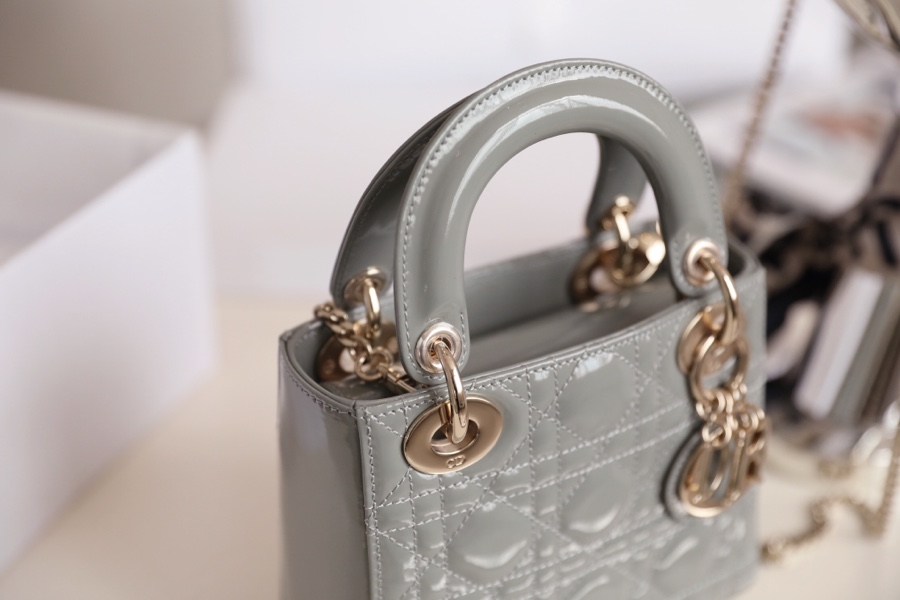 Rock Grey Lady Dior vine check patent leather cow leather mini handbag