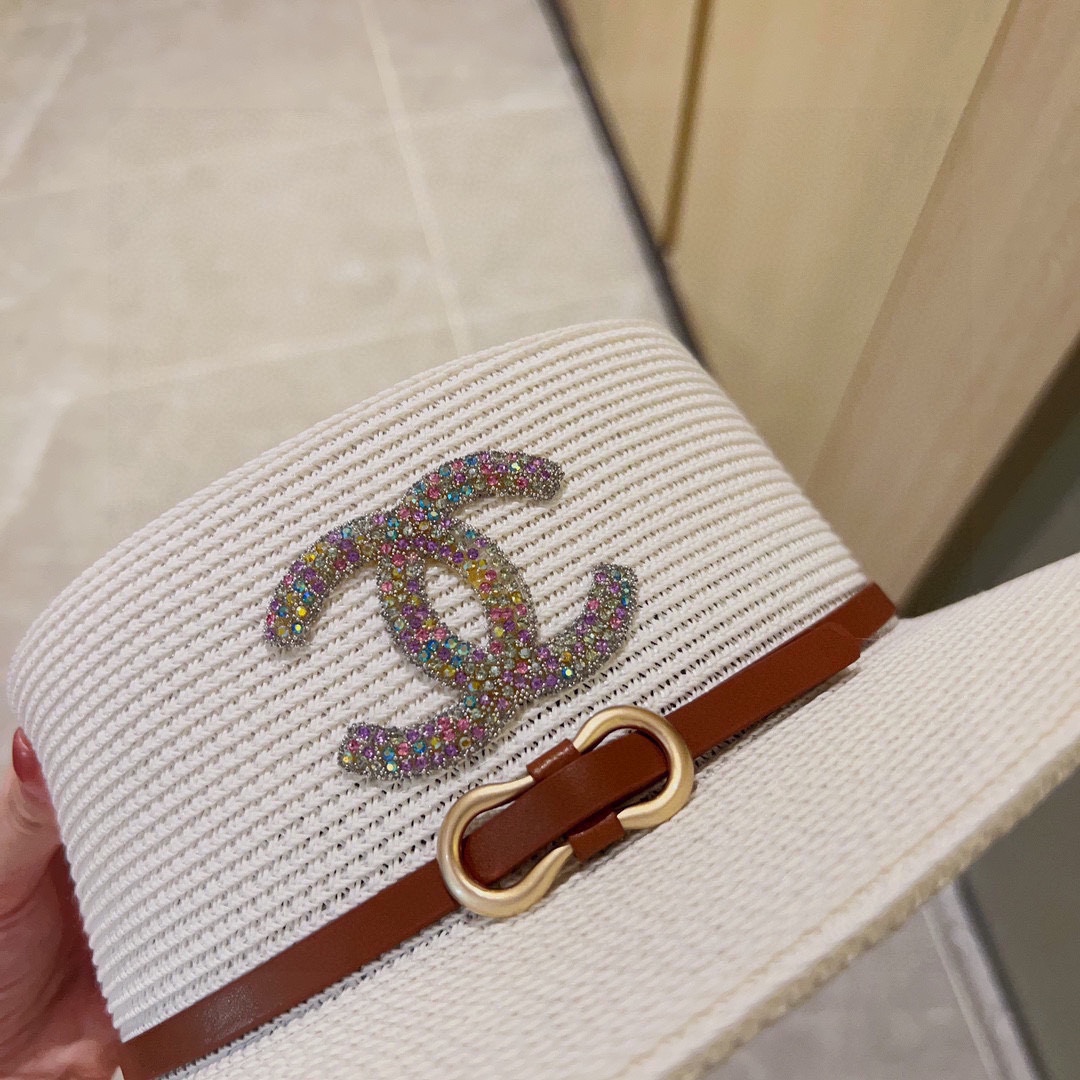 CHANEL big belt braided straw hat