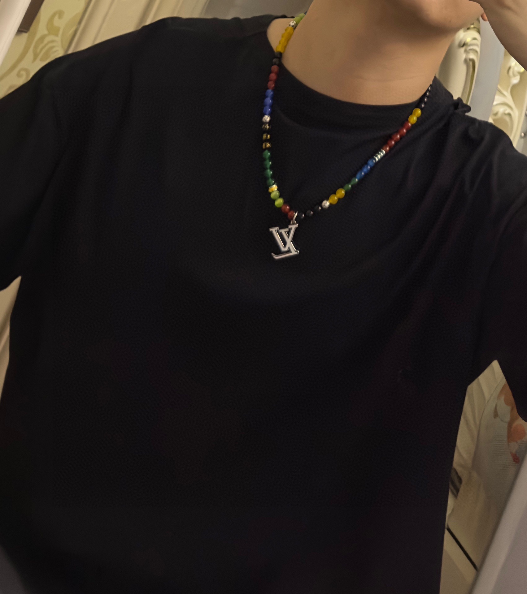 Louis Vuitton multi-element onyx thai silver style necklace couple's matching rock punk thai silver style