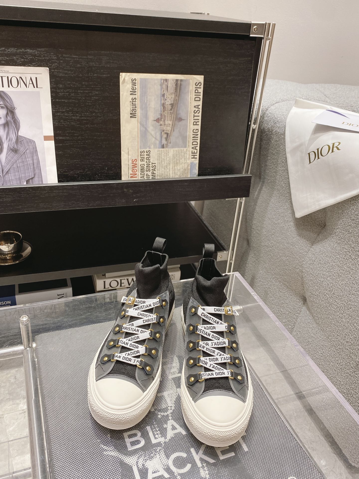 DIOR rattan plaid casual high top shoes fashion board shoes women black