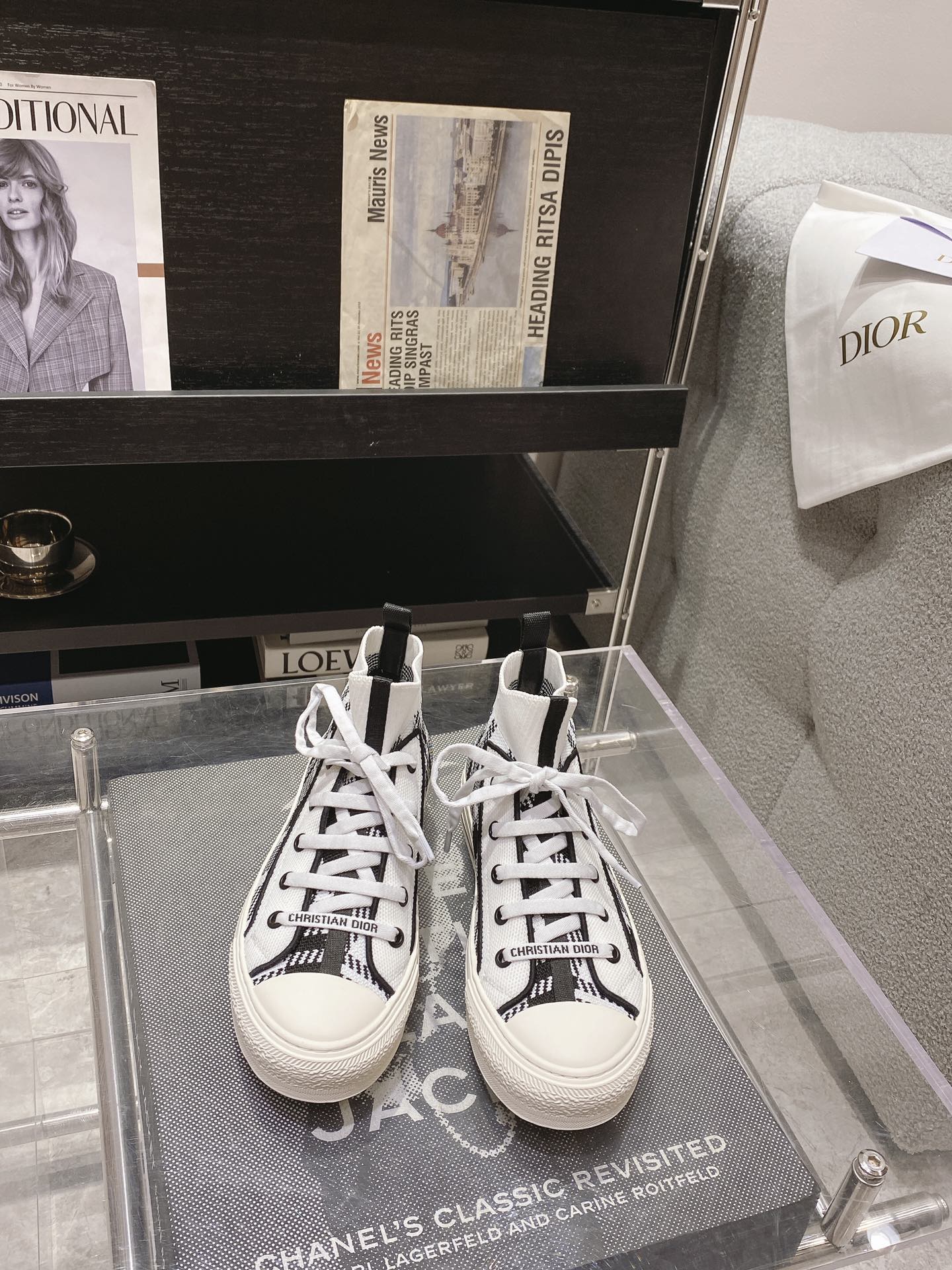 DIOR Rattan Check Casual High Top Board Shoes Fashion Board Shoes Black White