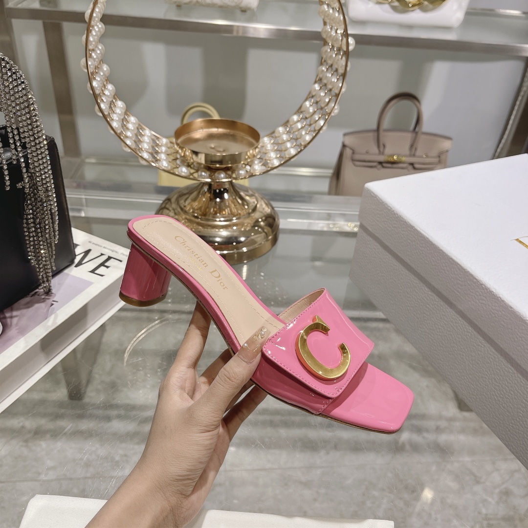 DIOR 2023 New early spring sandals Imported cow patent leather ➕ Korean suede Sheepskin lining 4.5cm Rose