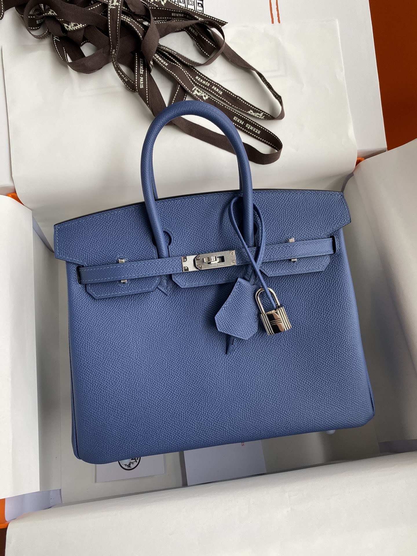 Birkin 25cm Epsom Leather Onyx Blue Silver Buckle