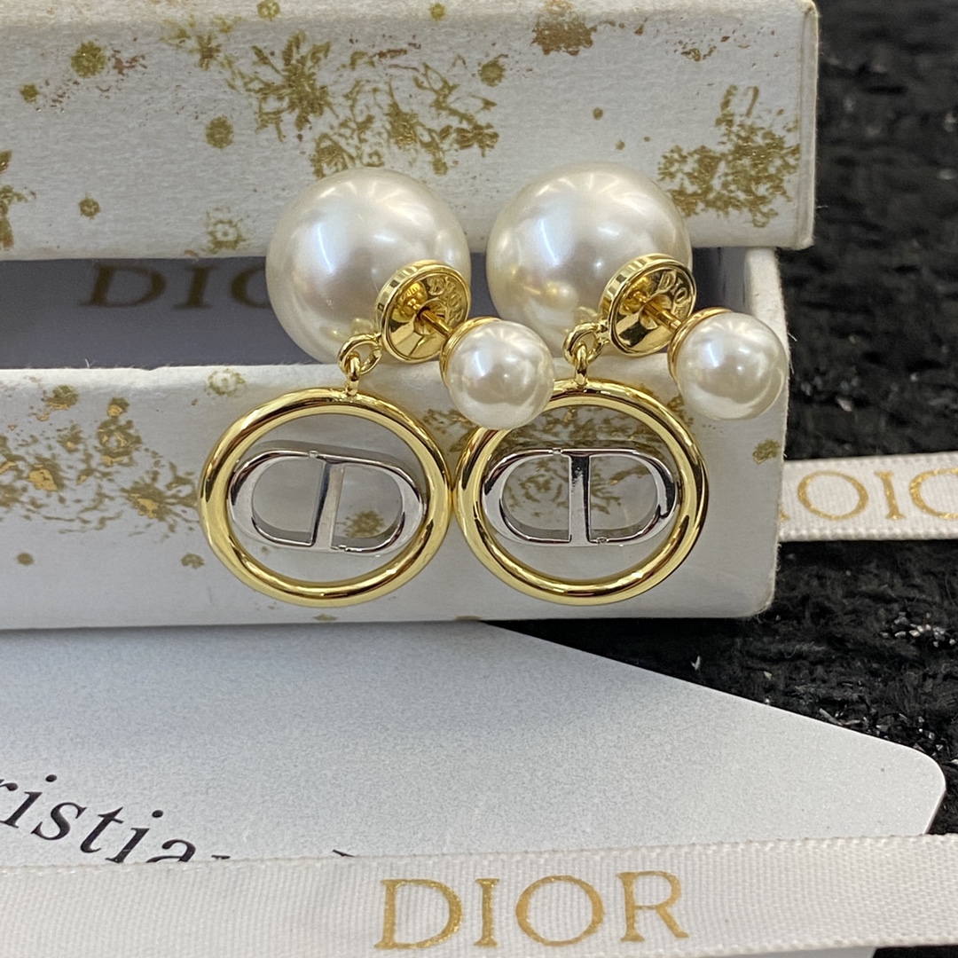 Dior Double Bead Round White Gold CD Pendant Stud Earrings