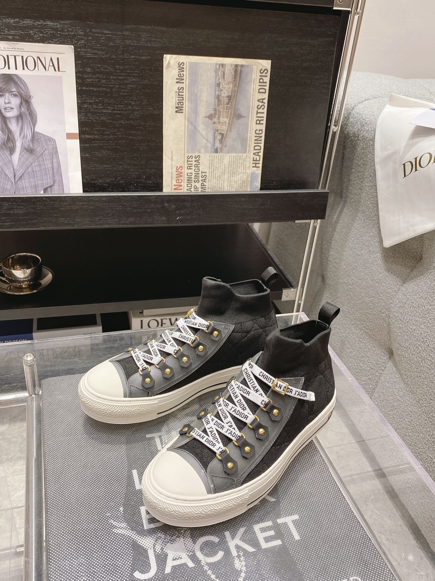 DIOR rattan plaid casual high top shoes fashion board shoes women black