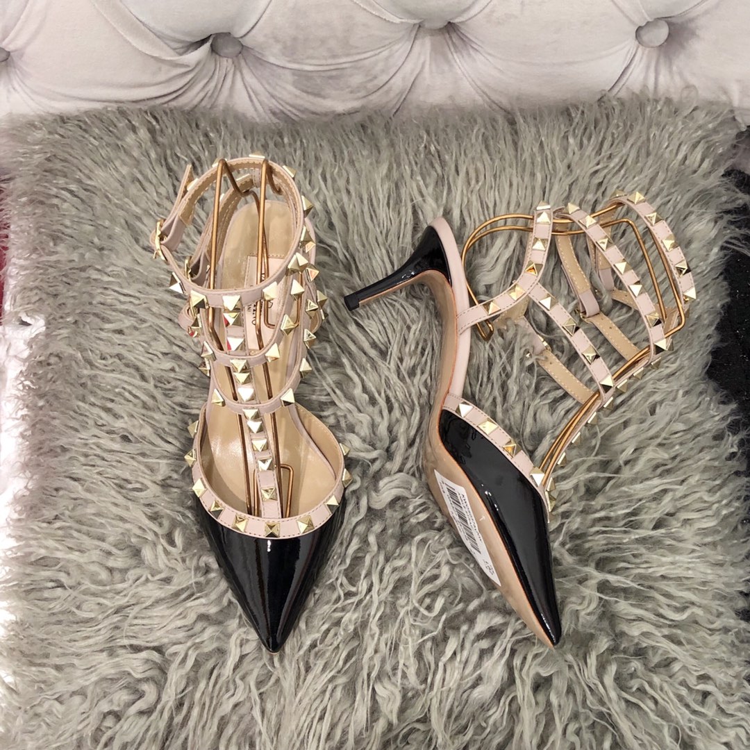 【Valentino】Valentino Valentino top version black patent leather 3 strap 6.5cm high heels