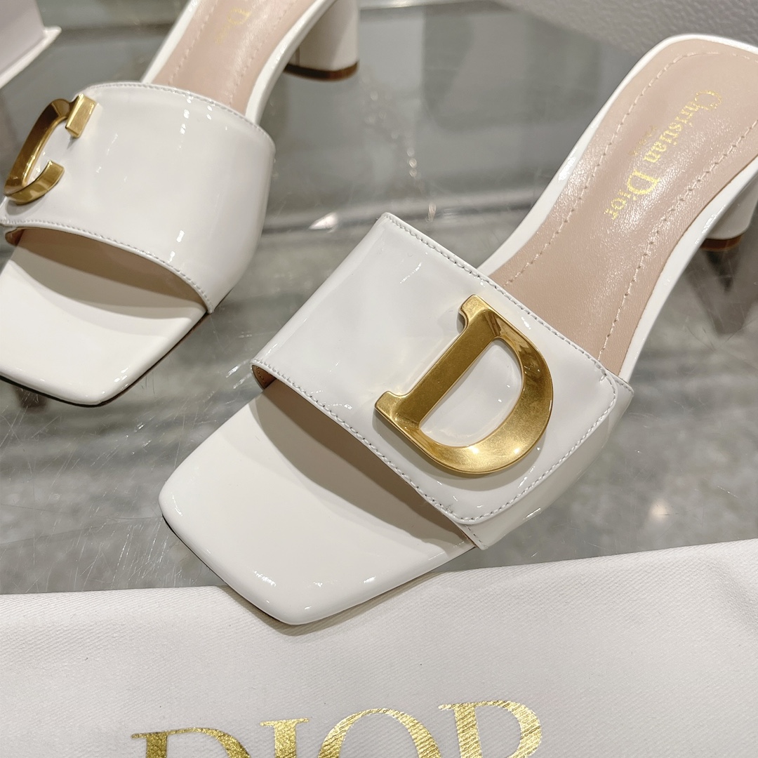 DIOR 2023 new early spring sandals Imported cow patent leather ➕ Korean velvet Sheepskin lining 4.5cm White