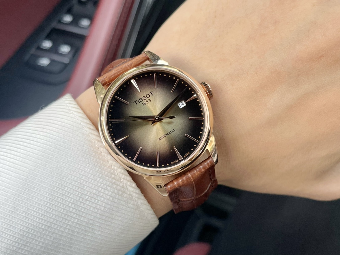 Tissot sapphire glass mirror 316 steel original double button butterfly buckle/genuine leather belt