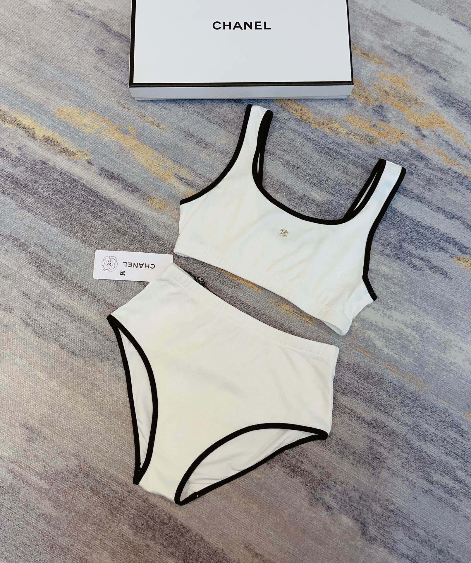 Chanel New Bikini Midi Set Petit Chanel Logo Print Camisole + Triangle Bottoms Separate Swimsuit