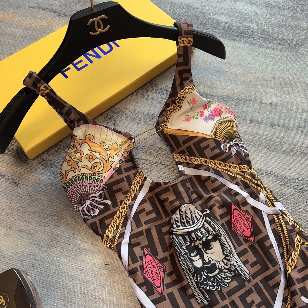 fend* x versac* joint f letter chain print strap one-piece swimsuit