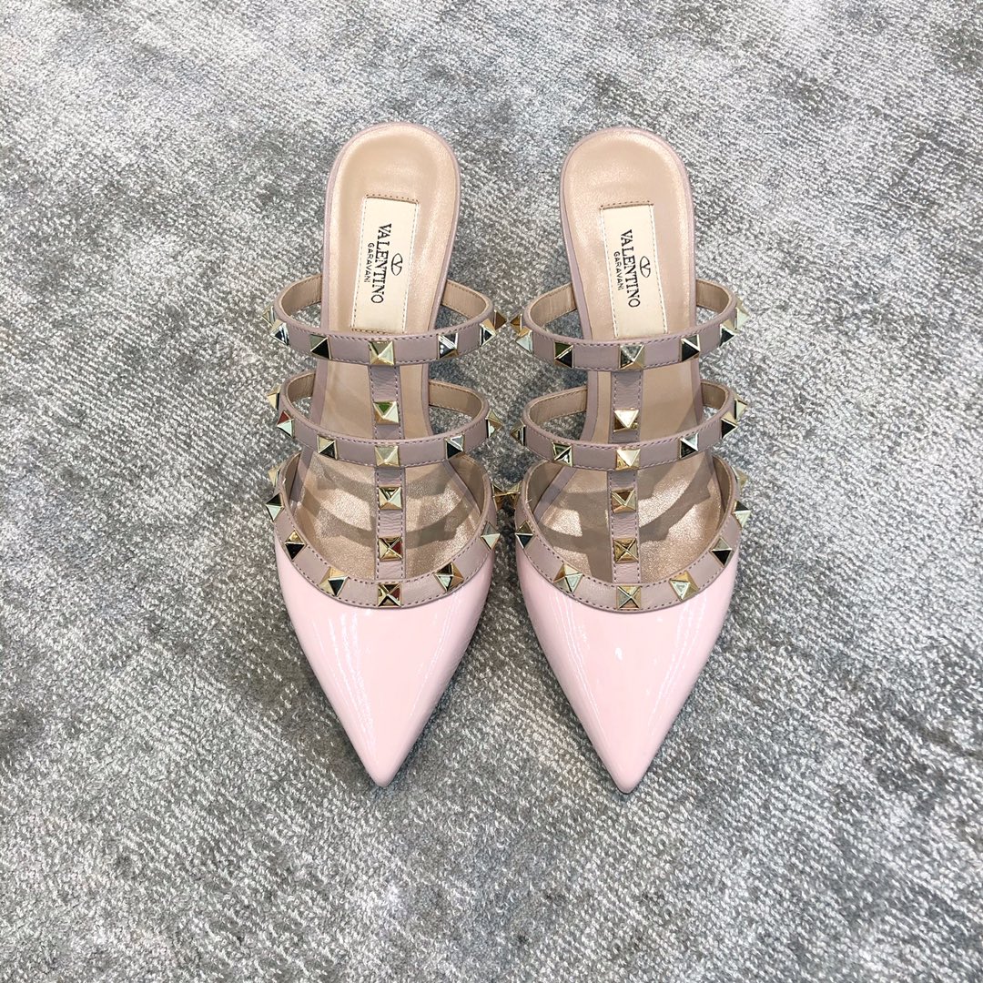 Valentino VT Collection Triple Strap Mid Heel Slipper 6.5CM Patent Leather Pink