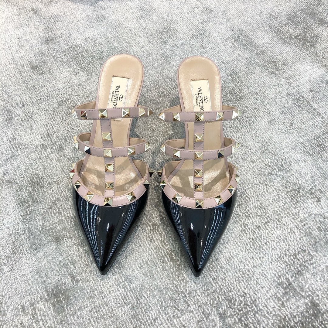 Valentino VT Collection Triple Strap Mid Heel Slipper 6.5CM Patent Leather Black