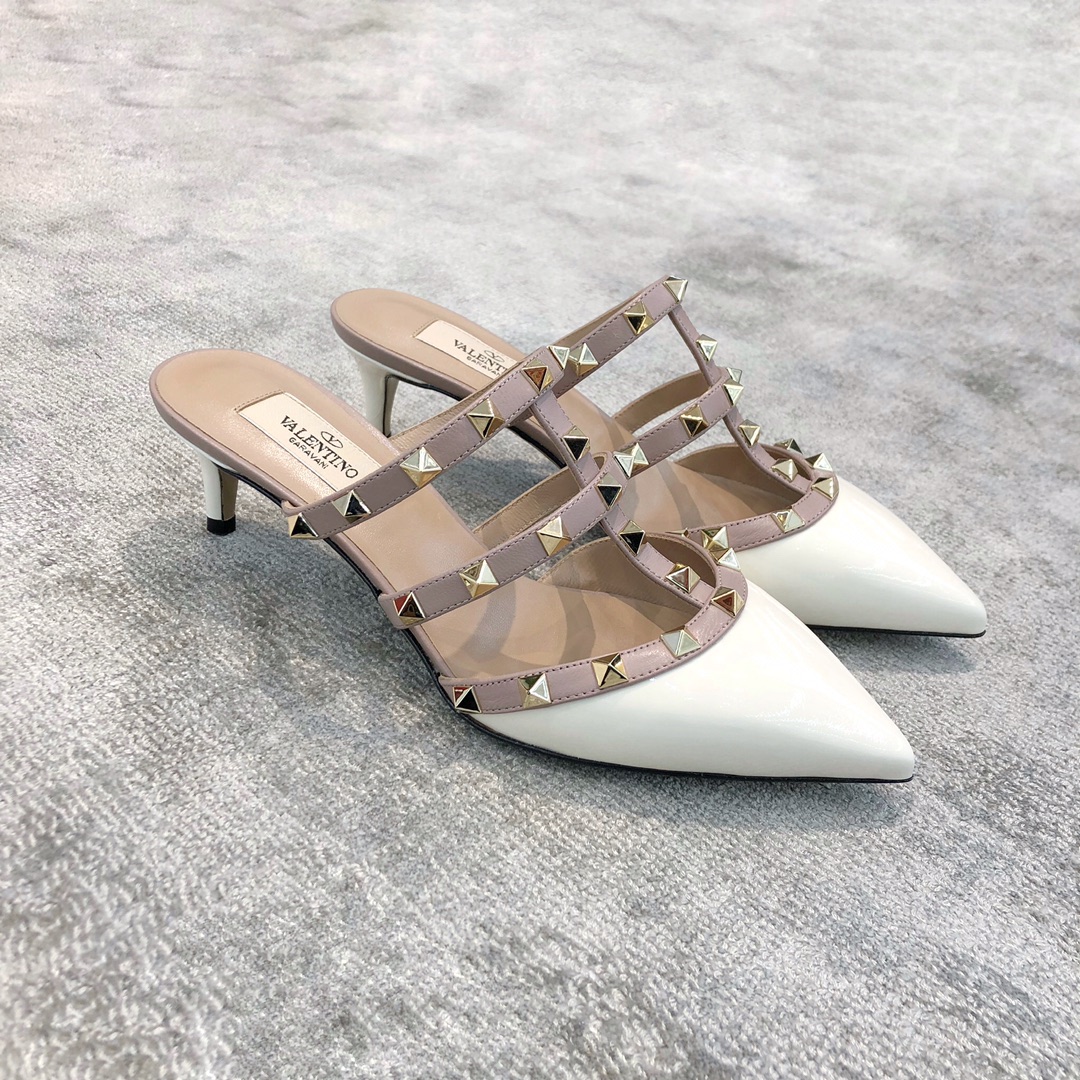 Valentino VT Collection Triple Strap Mid Heel Slipper 6.5CM Patent Leather White